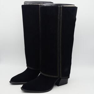 NEW Nine West Women's 8.5 Rimepy Foldover Boot Black Suede  Block Heel